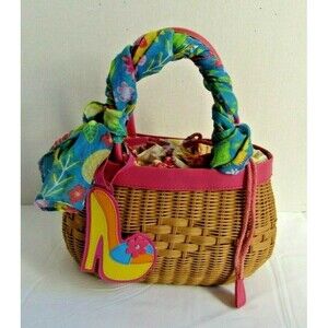 Bath and Body Works Straw Purse Vtg Whimsical Faux Leather Trim Draw Pink Floral